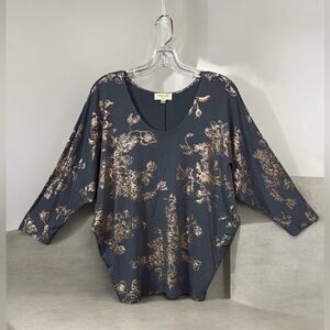 Kim & Cami, Chic Floral Patterned Top, Large, Gray & Gold 🎀